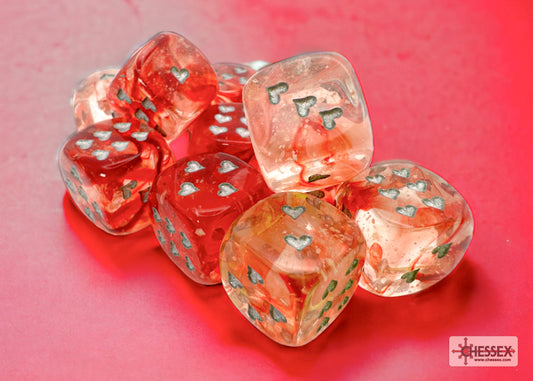 Heart Nebula Red/silver w/pips Luminary 16mm d6 Dice Block (12 dice)