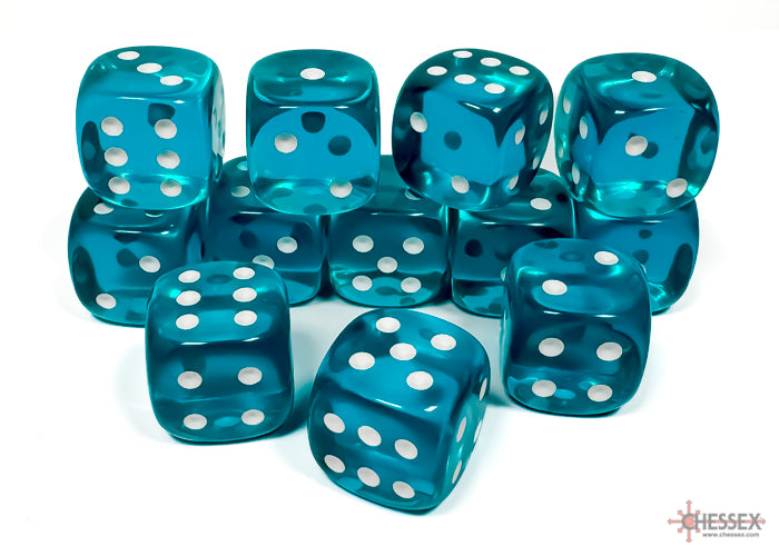 Chessex - Translucent Teal/white 16mm d6 Dice Block (12 dice)