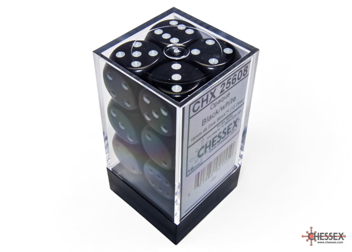 Chessex - Opaque Black/white 16mm d6 Dice Block (12 dice)
