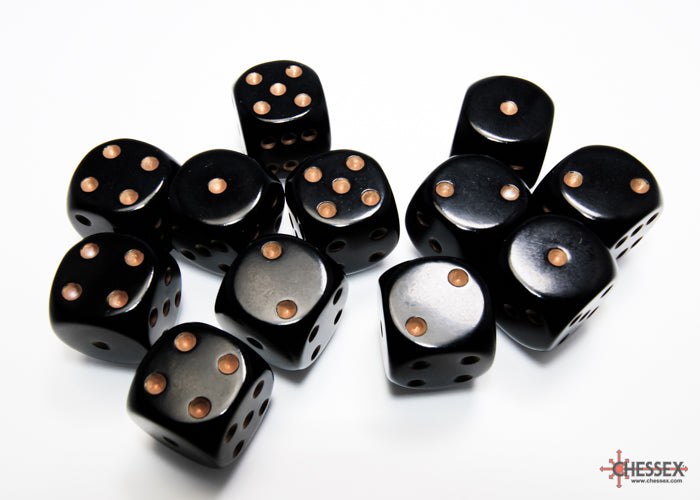 Chessex -  Opaque Black/gold 16mm d6 Dice Block (12 dice)