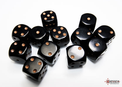Chessex -  Opaque Black/gold 16mm d6 Dice Block (12 dice)