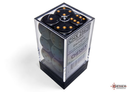 Chessex -  Opaque Black/gold 16mm d6 Dice Block (12 dice)