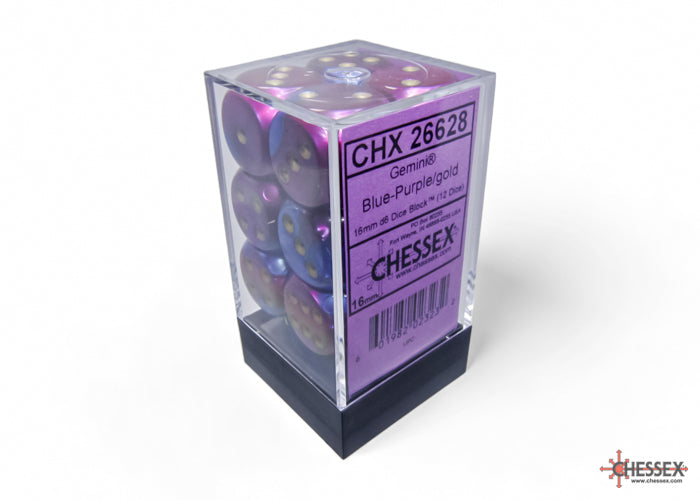 Chessex - Gemini Blue-Purple/gold 16mm d6 Dice Block (12 dice)