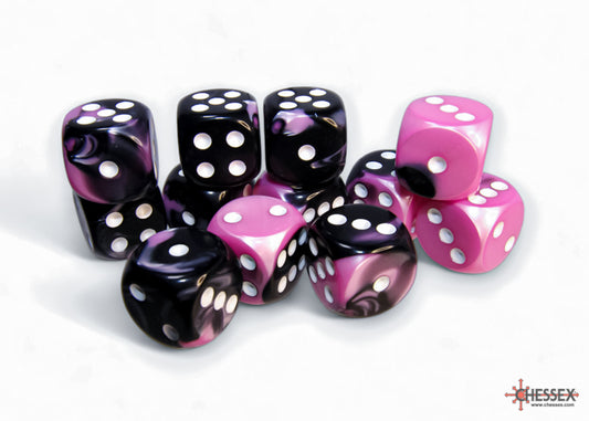 Chessex - Gemini Black-Pink/white 16mm d6 Dice Block (12 dice)
