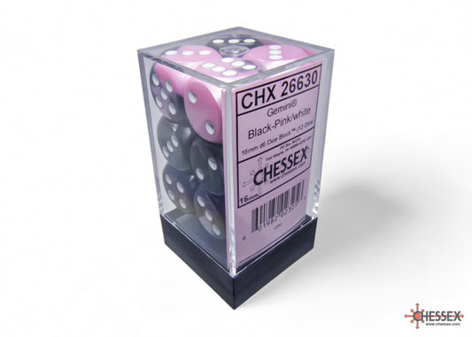 Chessex - Gemini Black-Pink/white 16mm d6 Dice Block (12 dice)