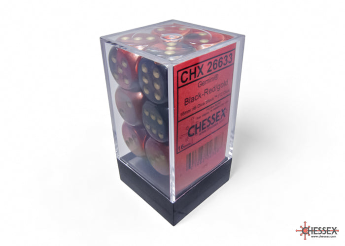 Chessex - Gemini Black-Red/gold 16mm d6 Dice Block (12 dice)
