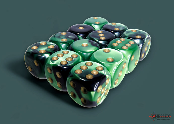 Chessex - Gemini Black-Green/gold 16mm d6 Dice Block (12 dice)