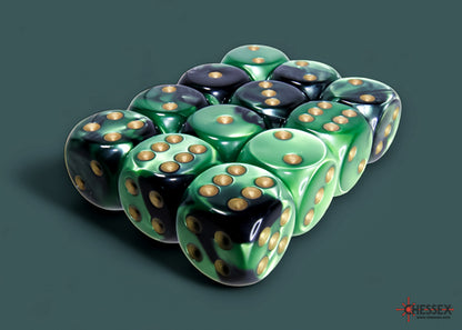 Chessex - Gemini Black-Green/gold 16mm d6 Dice Block (12 dice)