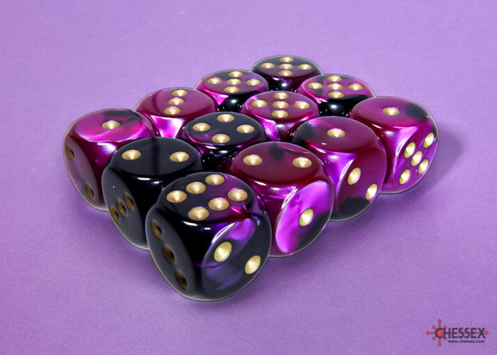 Chessex -  Gemini Black-Purple/gold 16mm d6 Dice Block (12 dice)