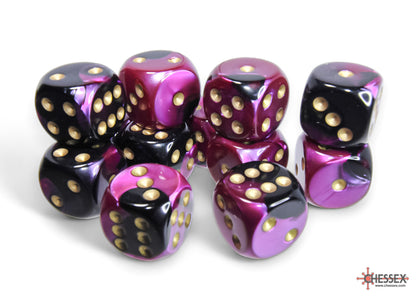 Chessex -  Gemini Black-Purple/gold 16mm d6 Dice Block (12 dice)