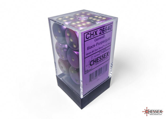 Chessex -  Gemini Black-Purple/gold 16mm d6 Dice Block (12 dice)