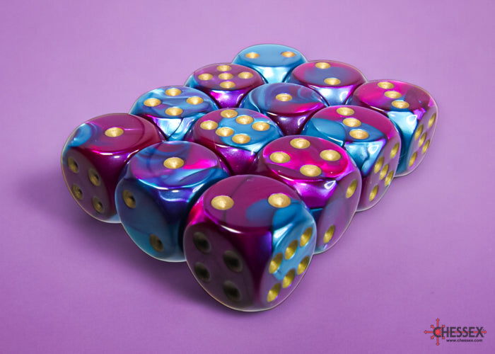 Chessex - Gemini Purple-Teal/gold 16mm d6 Dice Block (12 dice)