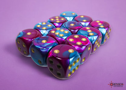 Chessex - Gemini Purple-Teal/gold 16mm d6 Dice Block (12 dice)