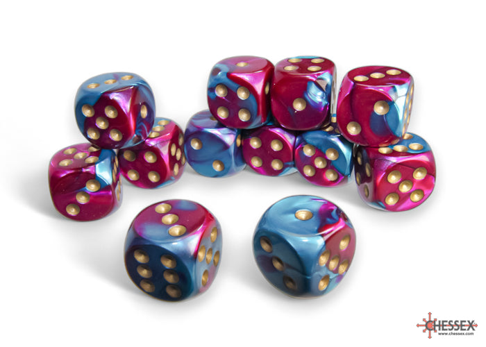 Chessex - Gemini Purple-Teal/gold 16mm d6 Dice Block (12 dice)