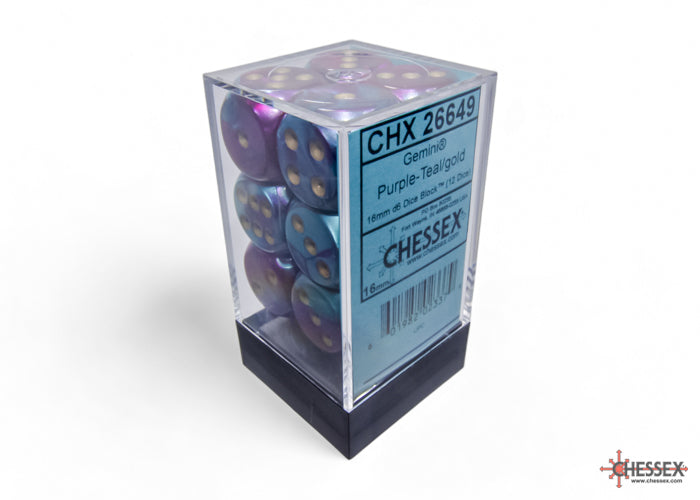 Chessex - Gemini Purple-Teal/gold 16mm d6 Dice Block (12 dice)