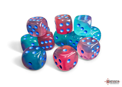 Chessex - Gemini Gel Green-Pink/blue Luminary 16mm d6 Dice Block (12 dice)