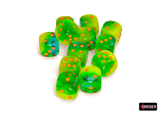 Chessex - Gemini Plasma Green-Teal/orange Luminary 16mm d6 Dice Block (12 dice)