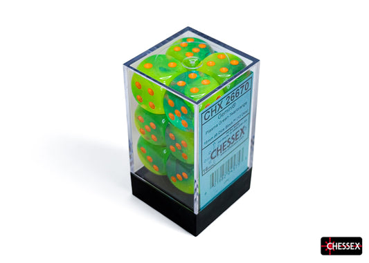 Chessex - Gemini Plasma Green-Teal/orange Luminary 16mm d6 Dice Block (12 dice)
