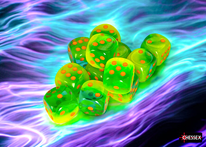 Chessex - Gemini Plasma Green-Teal/orange Luminary 16mm d6 Dice Block (12 dice)
