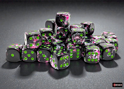 Brush Dice - Paintball/black w/green pips 12mm d6 Dice Block (36 dice) - Chessex