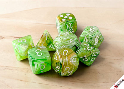 Chessex Lab Dice - Marble Sour Green/white Polyhedral 7-Dice Set (with bonus die)