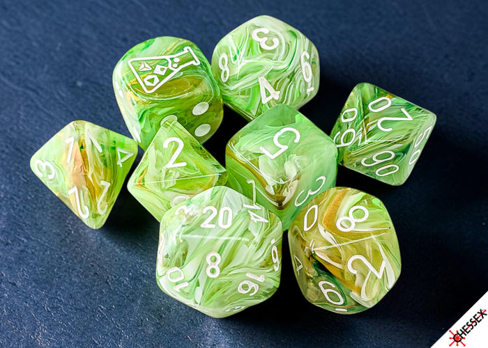 Chessex Lab Dice - Marble Sour Green/white Polyhedral 7-Dice Set (with bonus die)
