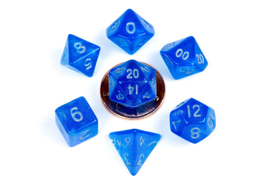 Stardust Blue w/ Silver Numbers 10mm Mini 7 Polyhedral Dice Set - Fanroll Dice