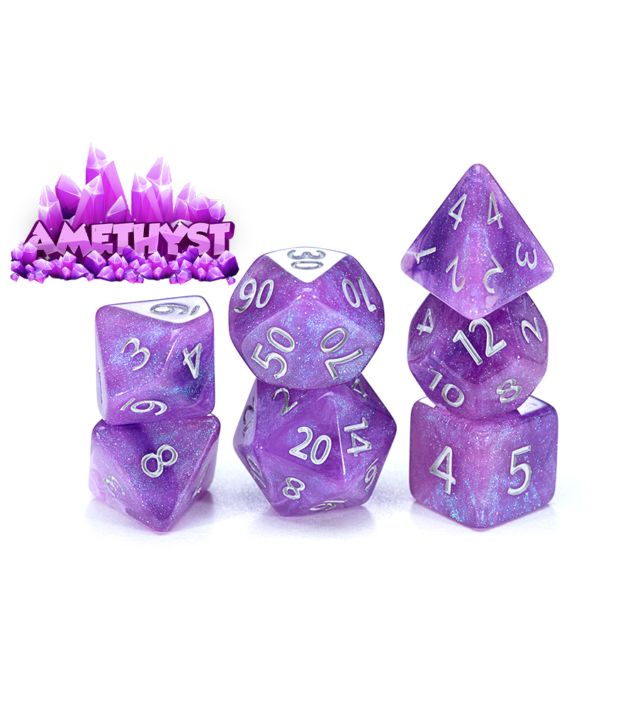 “Amethyst” Aether Dice - Polyhedral 7-Dice Set - Shimmering Amethyst with Gentle Pearl & Sparkling Swirls – w/ Silver Numbers