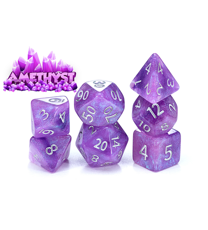 “Amethyst” Aether Dice - Polyhedral 7-Dice Set - Shimmering Amethyst with Gentle Pearl & Sparkling Swirls – w/ Silver Numbers
