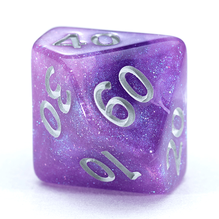 “Amethyst” Aether Dice - Polyhedral 7-Dice Set - Shimmering Amethyst with Gentle Pearl & Sparkling Swirls – w/ Silver Numbers