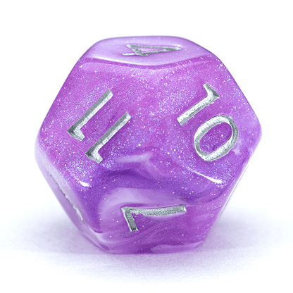 “Amethyst” Aether Dice - Polyhedral 7-Dice Set - Shimmering Amethyst with Gentle Pearl & Sparkling Swirls – w/ Silver Numbers