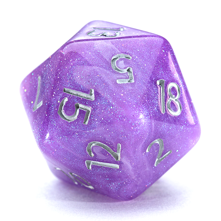 “Amethyst” Aether Dice - Polyhedral 7-Dice Set - Shimmering Amethyst with Gentle Pearl & Sparkling Swirls – w/ Silver Numbers