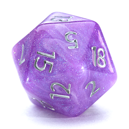 “Amethyst” Aether Dice - Polyhedral 7-Dice Set - Shimmering Amethyst with Gentle Pearl & Sparkling Swirls – w/ Silver Numbers