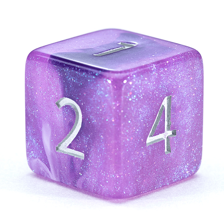 “Amethyst” Aether Dice - Polyhedral 7-Dice Set - Shimmering Amethyst with Gentle Pearl & Sparkling Swirls – w/ Silver Numbers