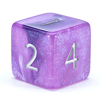 “Amethyst” Aether Dice - Polyhedral 7-Dice Set - Shimmering Amethyst with Gentle Pearl & Sparkling Swirls – w/ Silver Numbers
