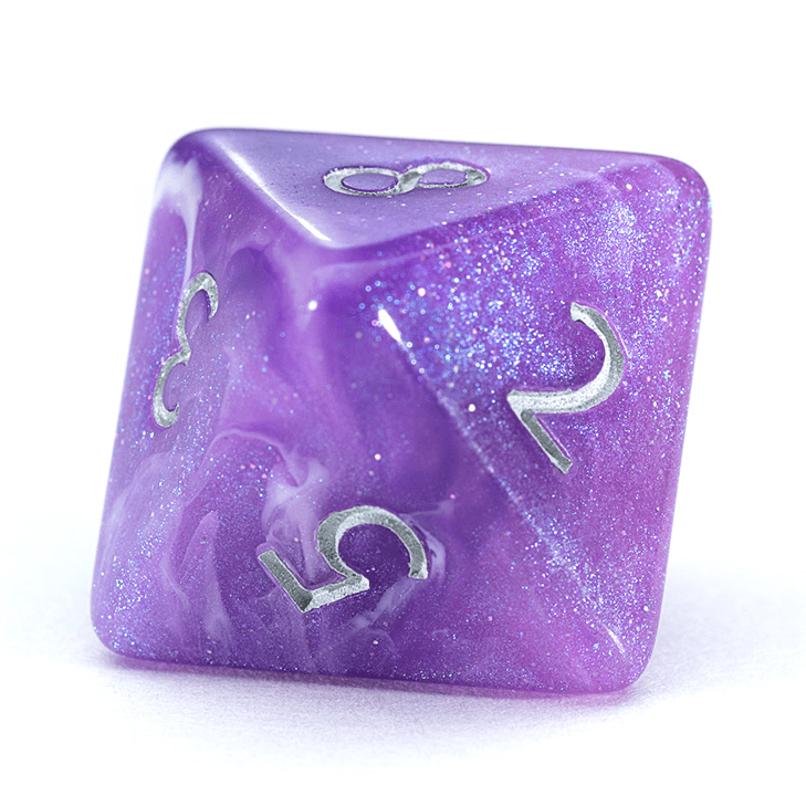 “Amethyst” Aether Dice - Polyhedral 7-Dice Set - Shimmering Amethyst with Gentle Pearl & Sparkling Swirls – w/ Silver Numbers