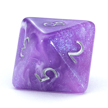 “Amethyst” Aether Dice - Polyhedral 7-Dice Set - Shimmering Amethyst with Gentle Pearl & Sparkling Swirls – w/ Silver Numbers