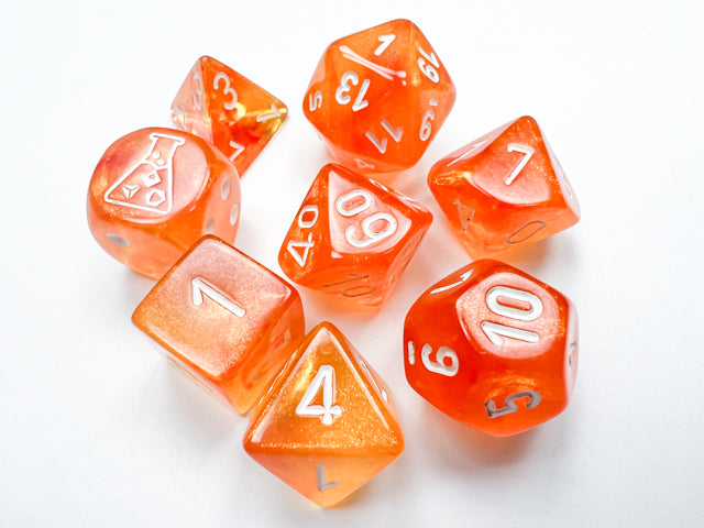 Chessex Lab Dice 6 -  Borealis Blood Orange/white Luminary Polyhedral 7-Dice Set (with bonus die)