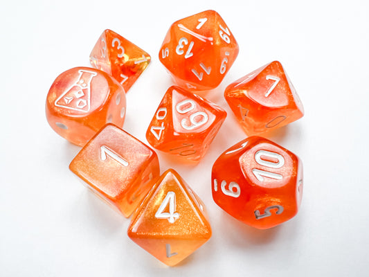Chessex Lab Dice 6 -  Borealis Blood Orange/white Luminary Polyhedral 7-Dice Set (with bonus die)