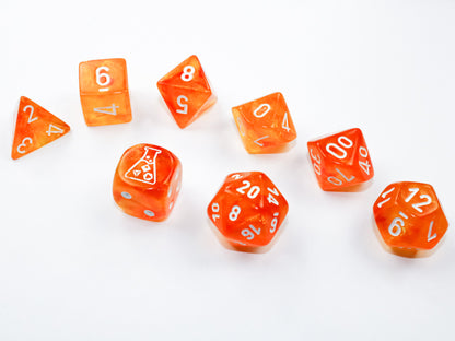 Chessex Lab Dice 6 -  Borealis Blood Orange/white Luminary Polyhedral 7-Dice Set (with bonus die)