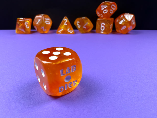 Chessex Lab Dice 6 -  Borealis Blood Orange/white Luminary Polyhedral 7-Dice Set (with bonus die)