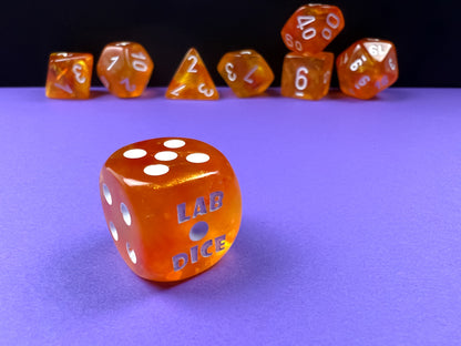 Chessex Lab Dice 6 -  Borealis Blood Orange/white Luminary Polyhedral 7-Dice Set (with bonus die)