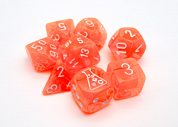 Chessex Lab Dice 7 - Translucent Neon Orange/white Polyhedral 7-Dice Set (with bonus die)