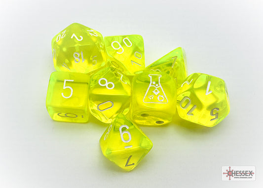 Chessex Lab Dice 7 - Translucent Neon Yellow/white Polyhedral 7-Dice Set (with bonus die)