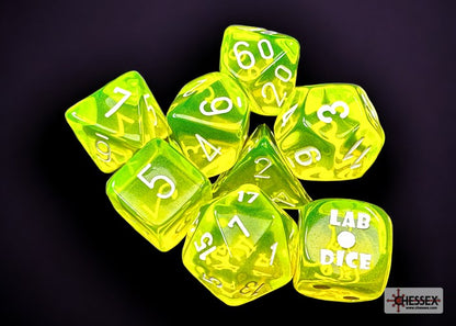 Chessex Lab Dice 7 - Translucent Neon Yellow/white Polyhedral 7-Dice Set (with bonus die)