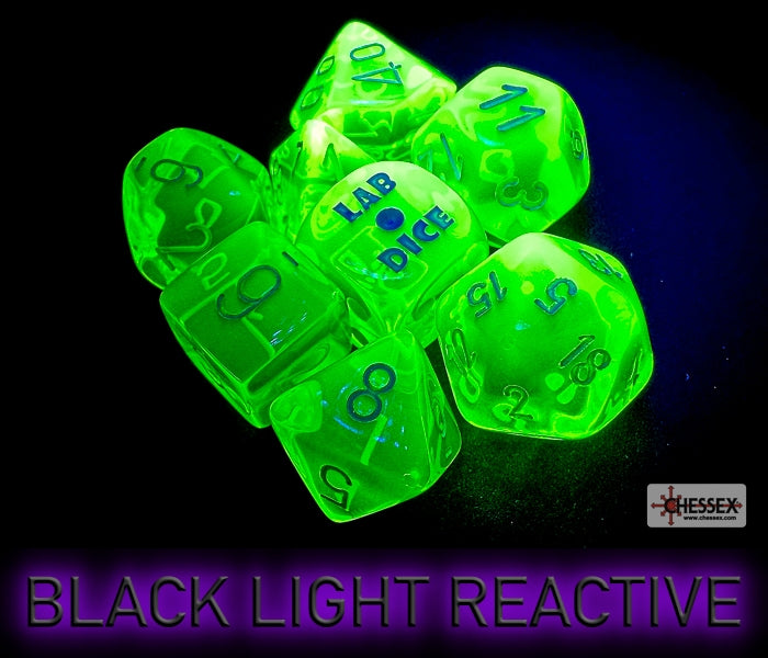 Chessex Lab Dice 7 - Translucent Rad Green/white Polyhedral 7-Dice Set (with bonus die)