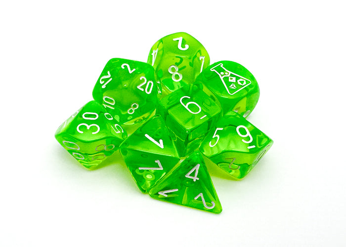 Chessex Lab Dice 7 - Translucent Rad Green/white Polyhedral 7-Dice Set (with bonus die)