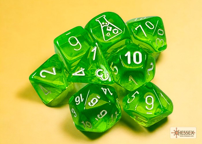 Chessex Lab Dice 7 - Translucent Rad Green/white Polyhedral 7-Dice Set (with bonus die)