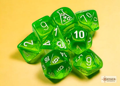 Chessex Lab Dice 7 - Translucent Rad Green/white Polyhedral 7-Dice Set (with bonus die)