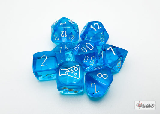 Chessex Lab Dice 7 - Translucent Tropical Blue/white Polyhedral 7-Dice Set (with bonus die)